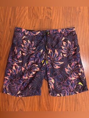 Tommy Bahama Purple Floral Swim Board Shorts with Yellow Accents Mens XL
